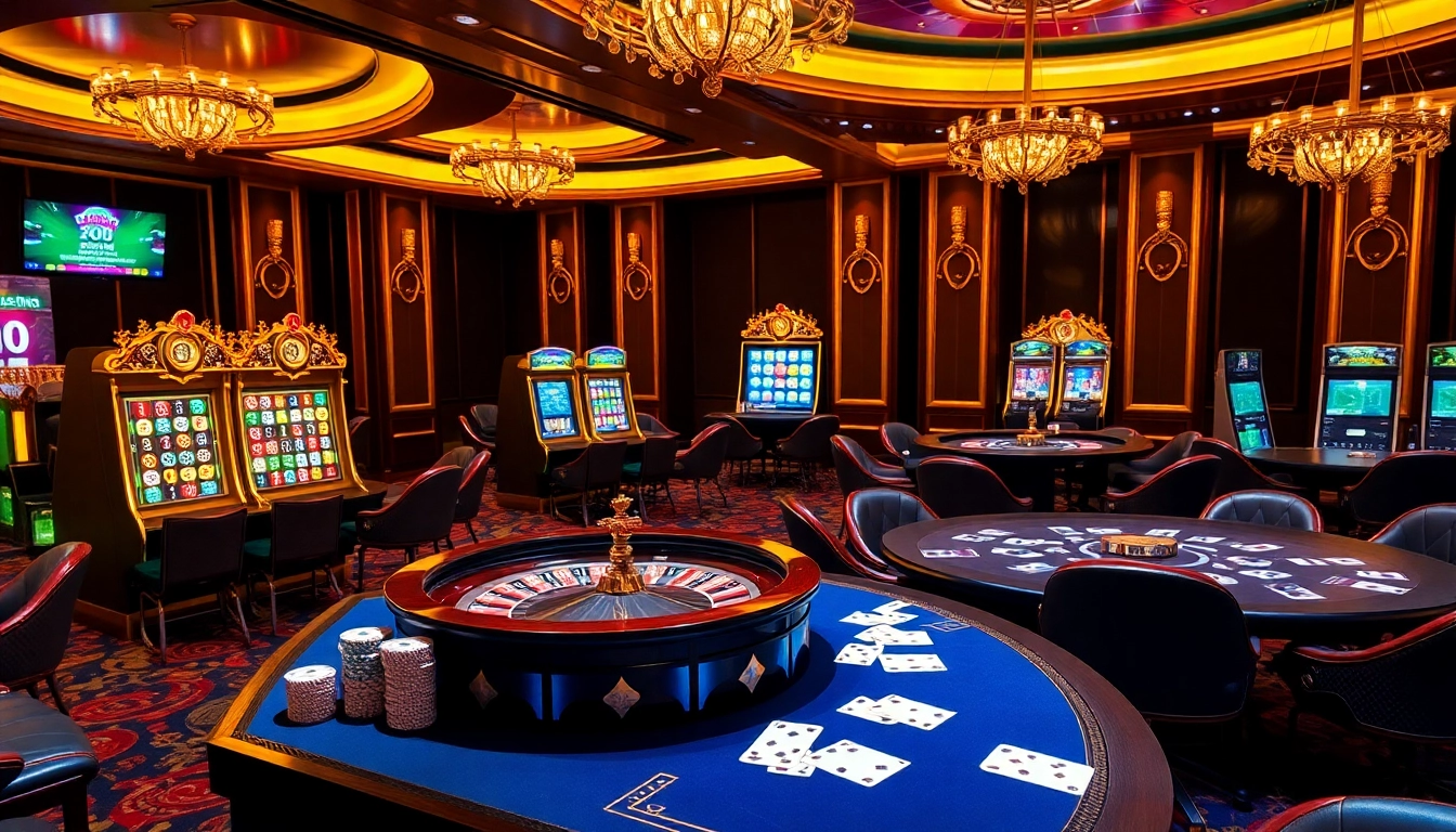 Experience the thrill of đăng nhập qq88 with vibrant casino visuals showcasing slot machines and roulette.