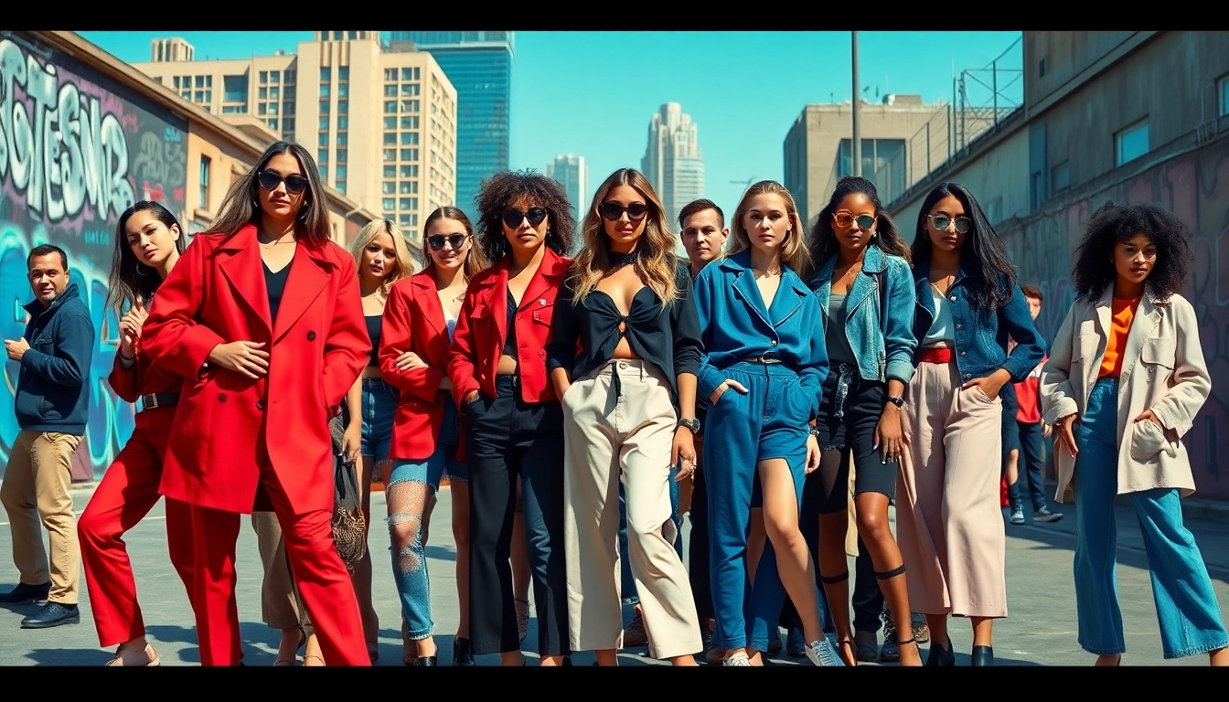 Fashion models showcasing vibrant styles in a lively urban setting.