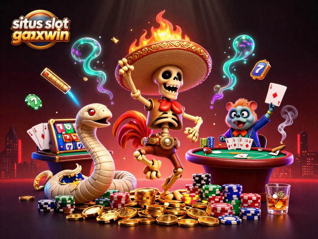 Gambar situs slot gacor maxwin menampilkan kegembiraan dengan karakter unik dalam suasana kasino