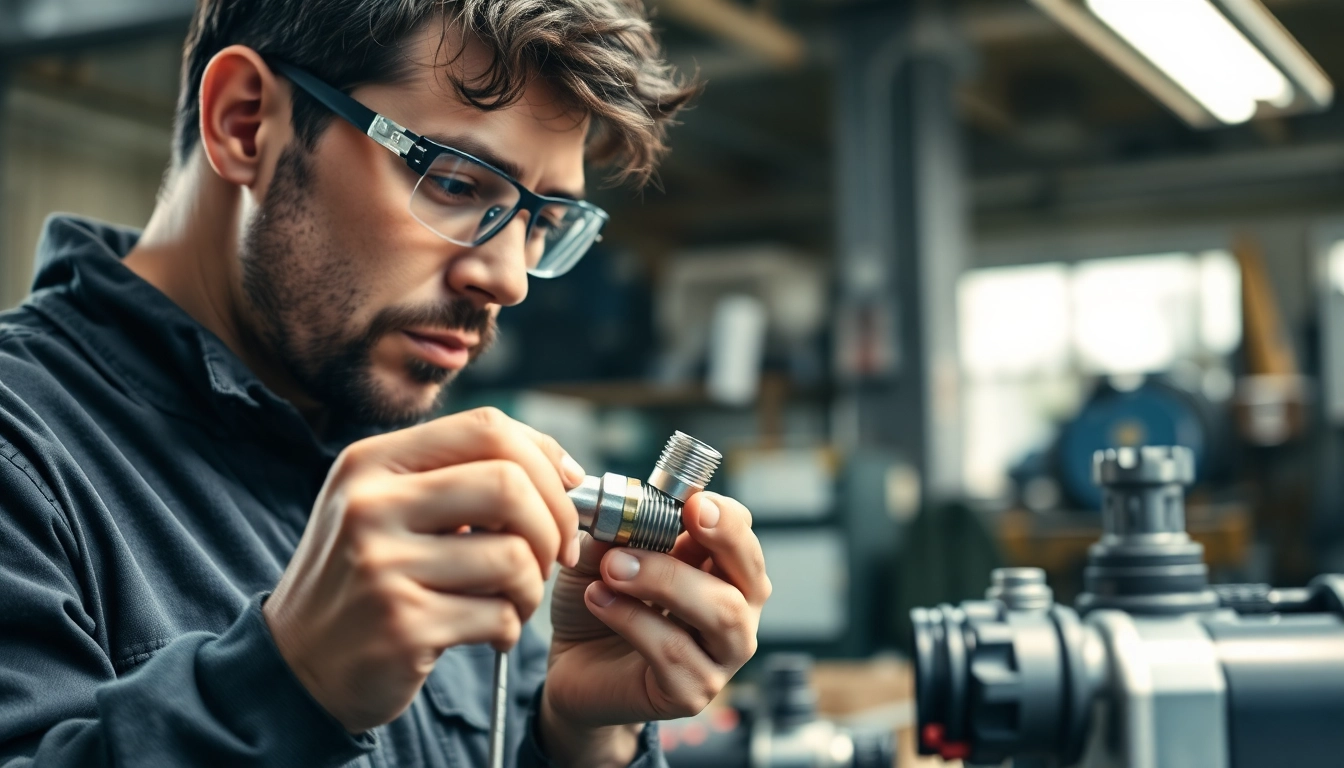 Inspecting flex fuel sensor fittings in a well-lit workshop by a professional mechanic.