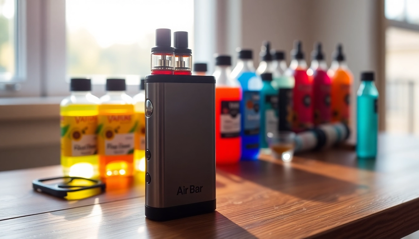 Show a trendy air bar device with colorful vape juices, creating a vibrant vaping atmosphere.