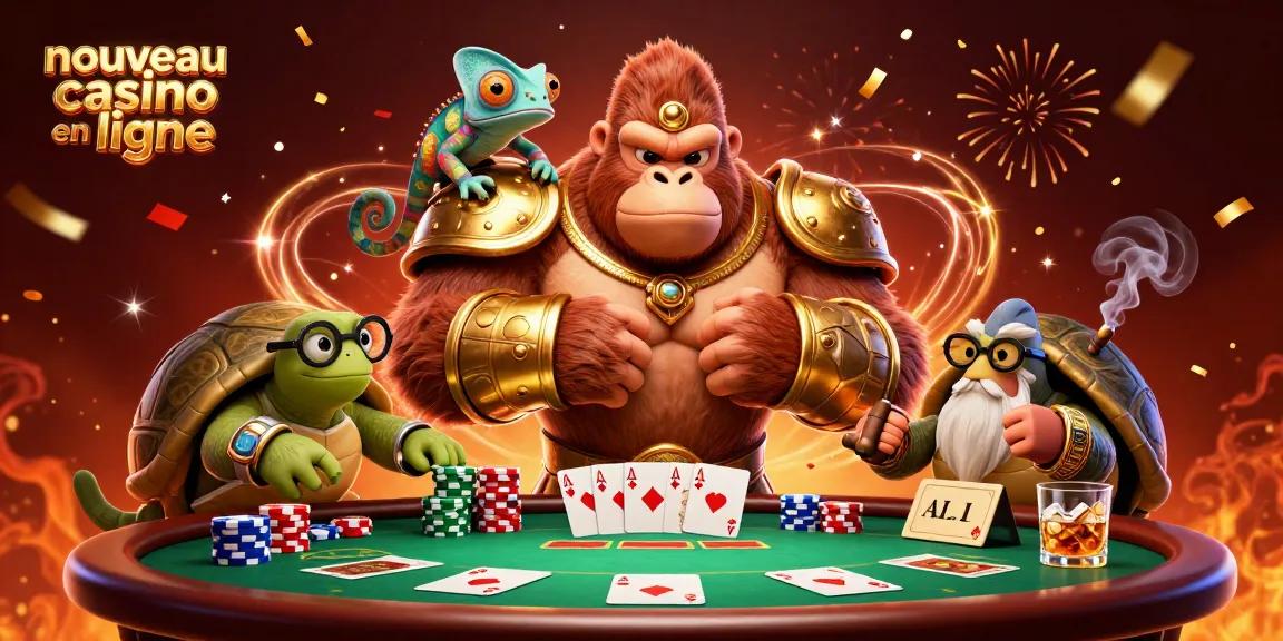 Illustration dynamique du nouveau casino en ligne avec un gorille roi, un caméléon et une tortue, entourés de jetons.