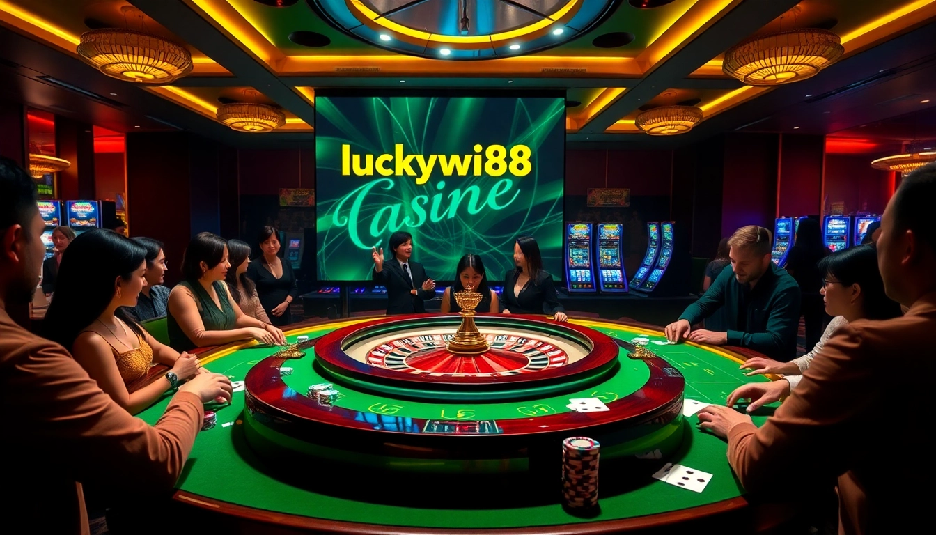 Engage with thrilling games at Luckywin88's luxurious casino setting featuring roulette and slot machines.
