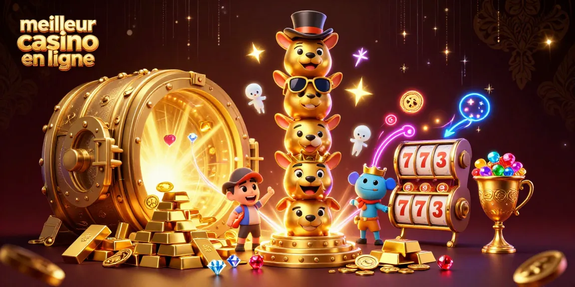 Explorez le meilleur casino en ligne avec une scène animée de jackpot dynamique et des trésors scintillants.