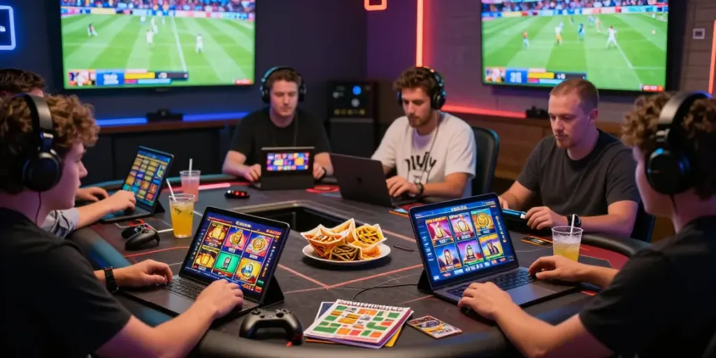Players engaging with DJARUMBOS online games in a vibrant gaming atmosphere with live-action displays.