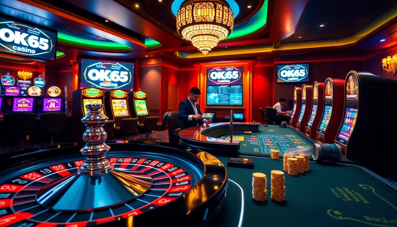 Engaging players at OK365 casino with vibrant tables, roulette wheel, and exciting betting atmosphere.