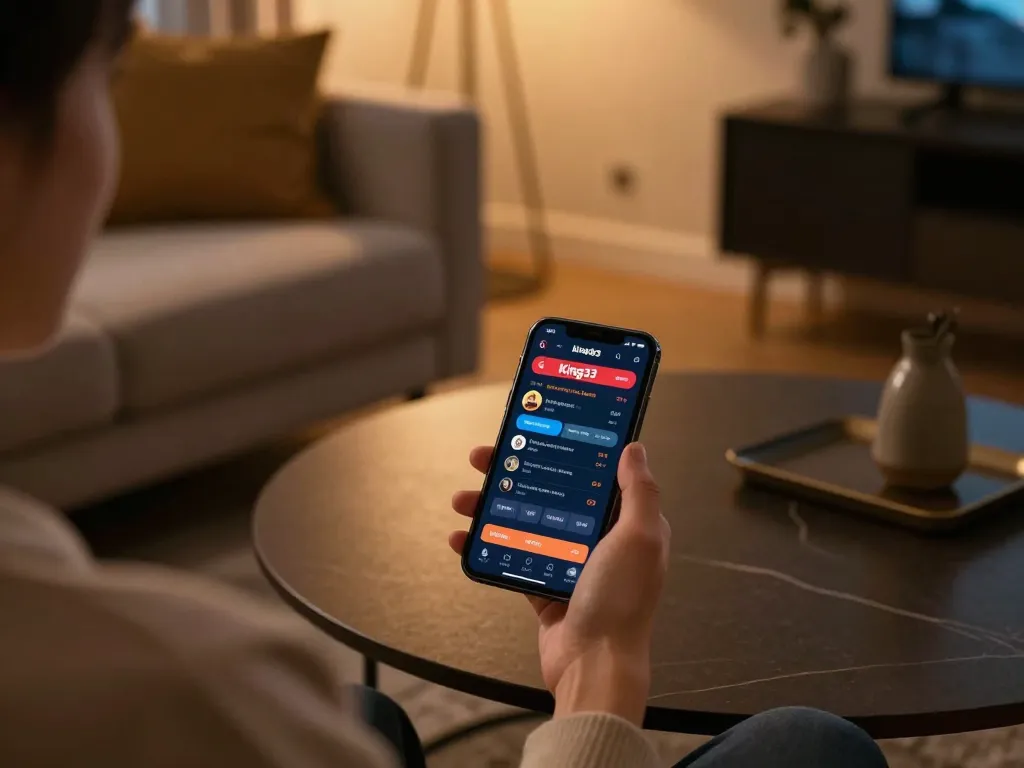 Player enjoying king33 mobile betting app in a cozy living room setting