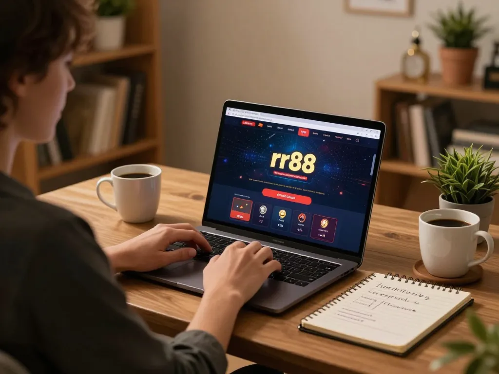 Player engaging with rr88 casino interface on laptop in cozy home setting.