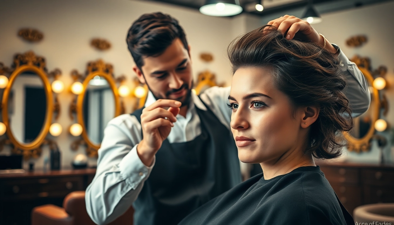 Ace of Fades 212 stylist fitting a custom hair system on a client in a modern barbershop.