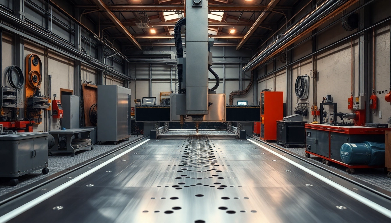 Visualizing precision plate cutting with advanced machinery in a professional workshop.
