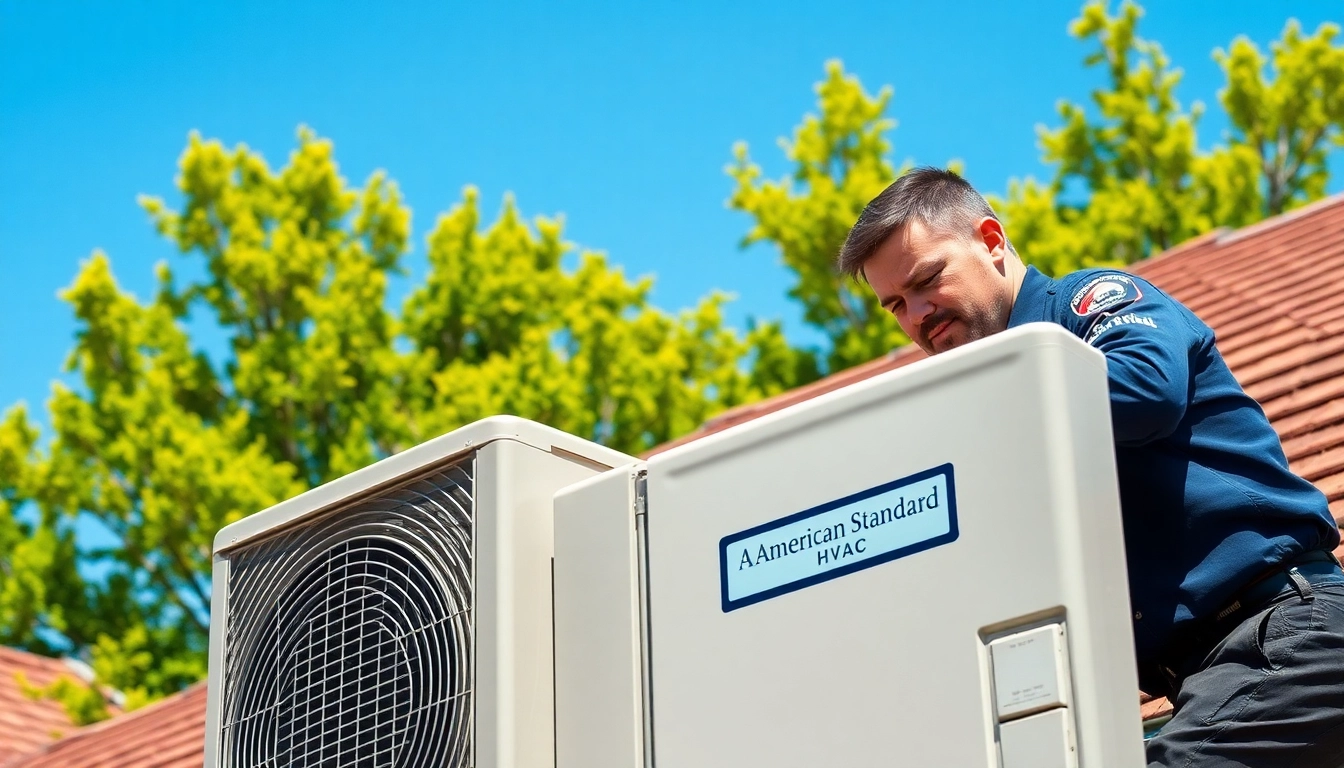 Technician working on an American Standard air conditioning installation on a rooftop.