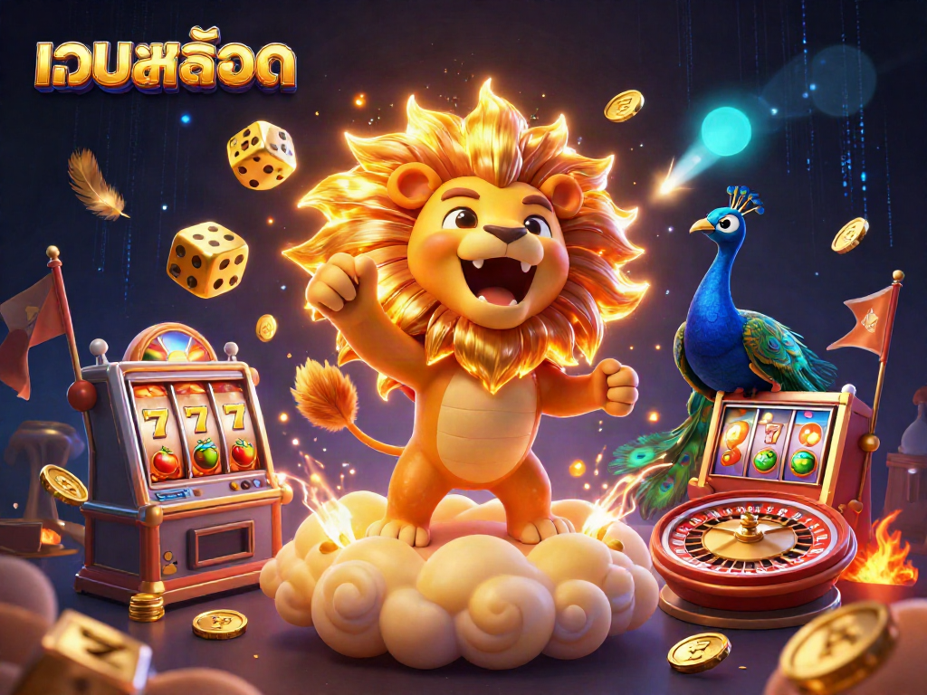 Engage in เว็บสล็อต excitement with vibrant 3D elements of lucky slots and roaring lion.