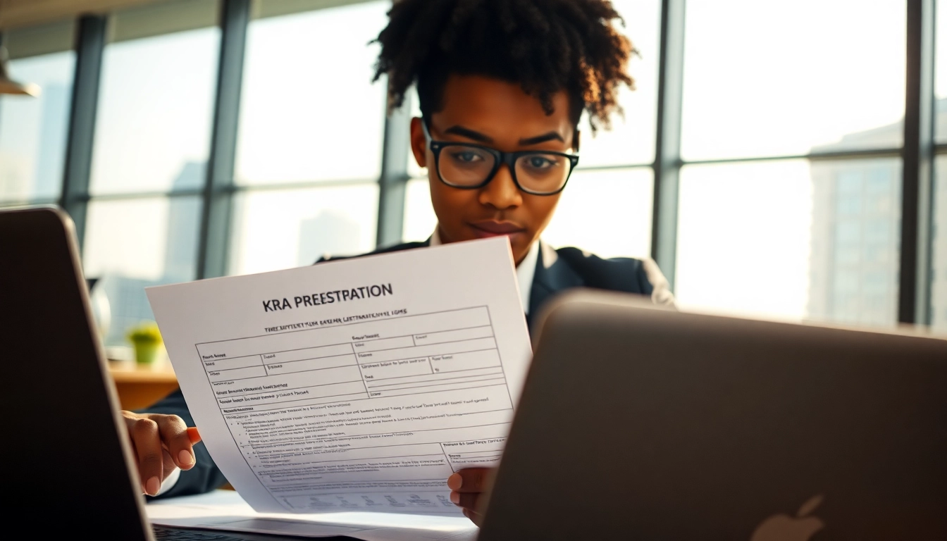 Individuals engaged in KRA PIN Registration for Foreigners paperwork in a modern office setting.