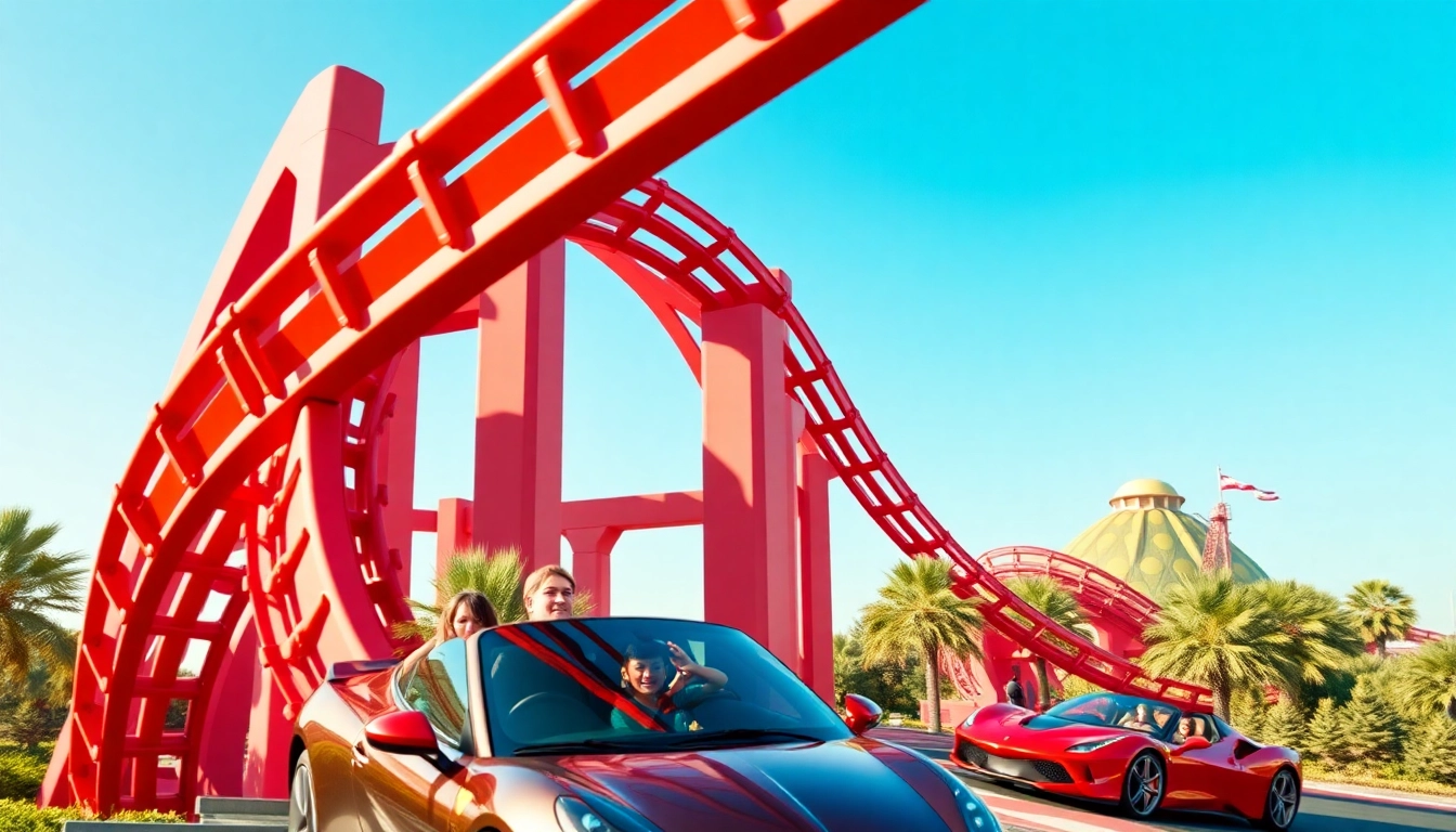 Thrilling attractions and rides at Ferrari World Yas Island, Abu Dhabi, featuring excited visitors.