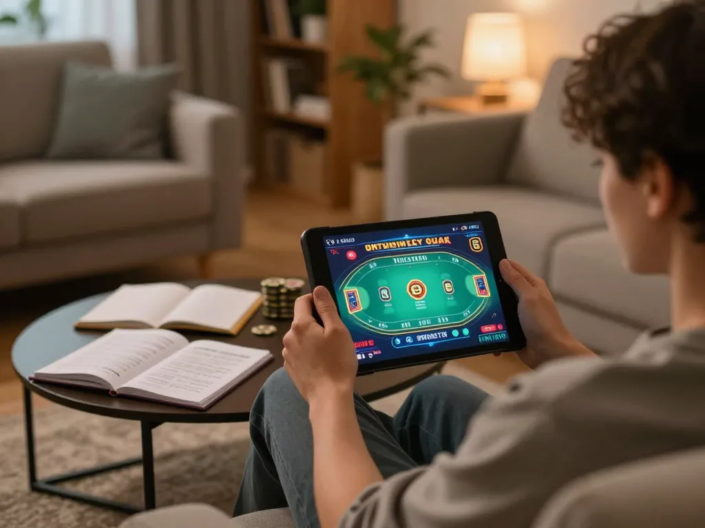 gajah toto player enjoying online poker game strategy with tablet in comfortable home setting