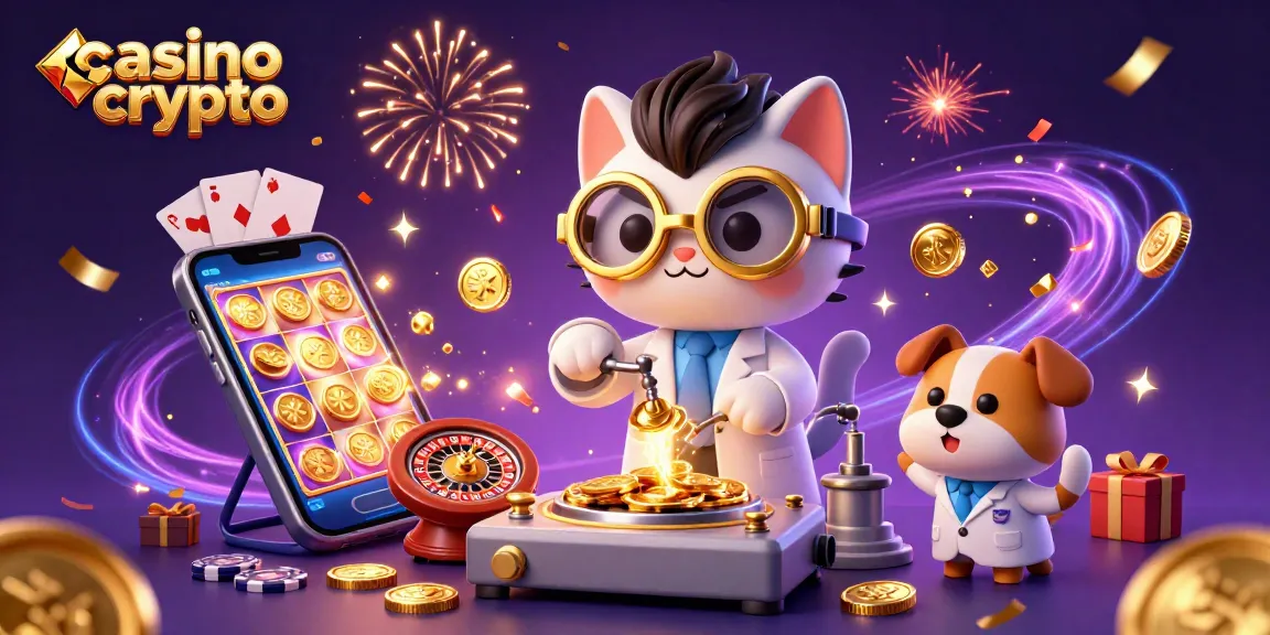Illustration dynamique de casino crypto avec un scientifique fou et son chien assistant créant des pièces d'or.