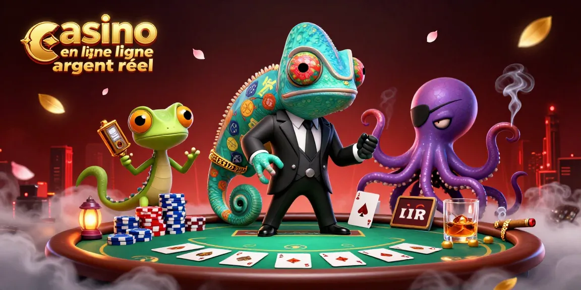 Illustration de casino en ligne argent réel avec un caméléon agent secret et un gecko dans une scène dynamique.