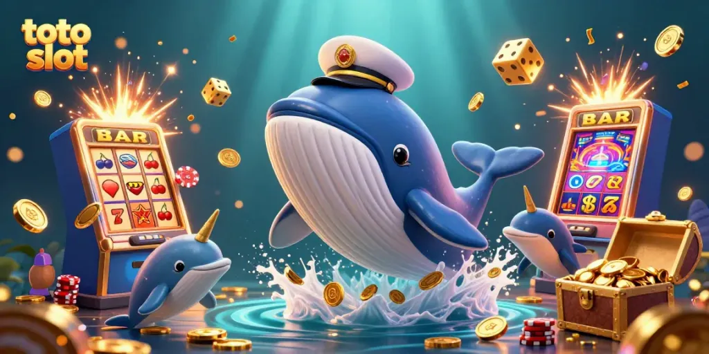Gambarkan toto slot dengan paus kartun raksasa dan simbol mesin slot terbang.