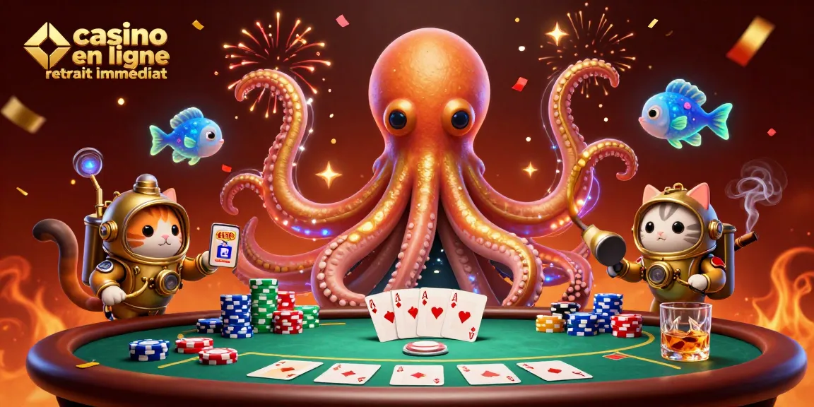 Découvrez l'énergie d'un casino en ligne retrait immédiat avec un kraken et un chat plongeur.