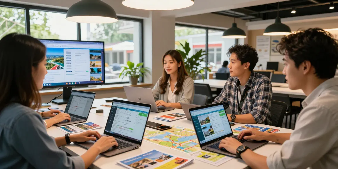 Dynamic collaboration in a travel agency workspace showcasing host agency software tools for effective client management