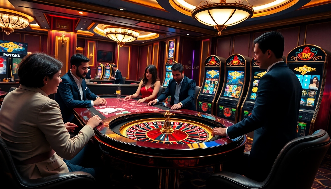 A dynamic gaming scene featuring pg soft slots and poker players enjoying a luxurious casino atmosphere.