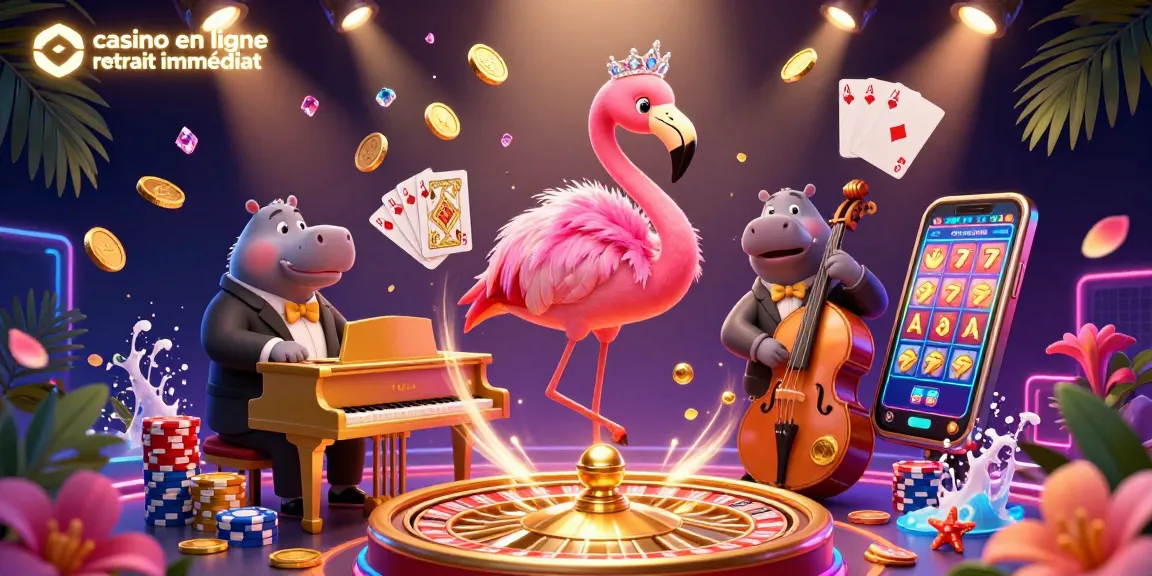 Profitez d'une illustration animée de casino en ligne retrait immédiat avec des personnages vibrants et des éléments de jeu captivants.