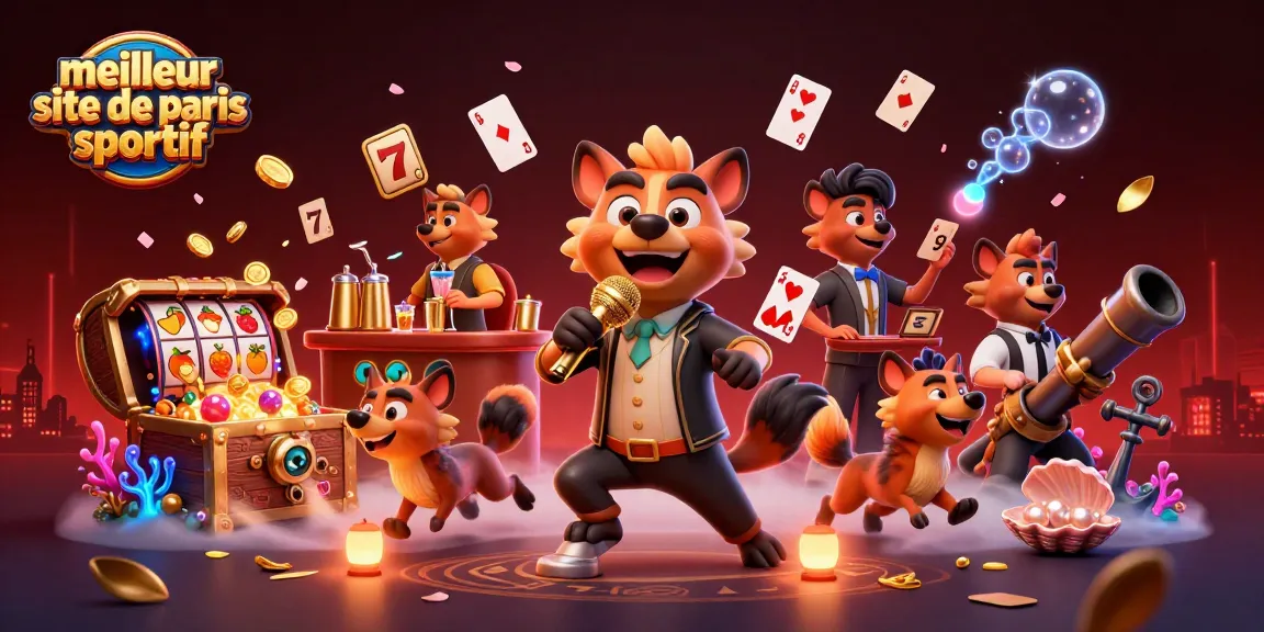 Scène dynamique de hyènes dans un casino comique, mettant en avant le meilleur site de paris sportif avec des éléments de jeux animés.