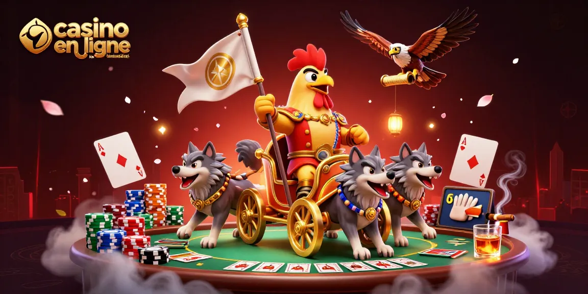 Visuel captivant représentant un coq en chariot d'or dans un casino en ligne retrait immédiat, entouré de jetons et de cartes.