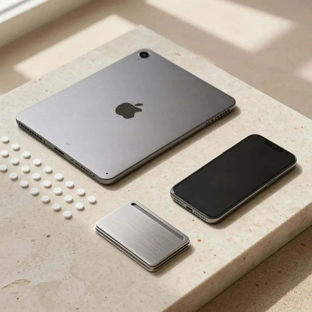 Overhead flatlay of tablet, phone, bid chips and metal tray on pale stone.