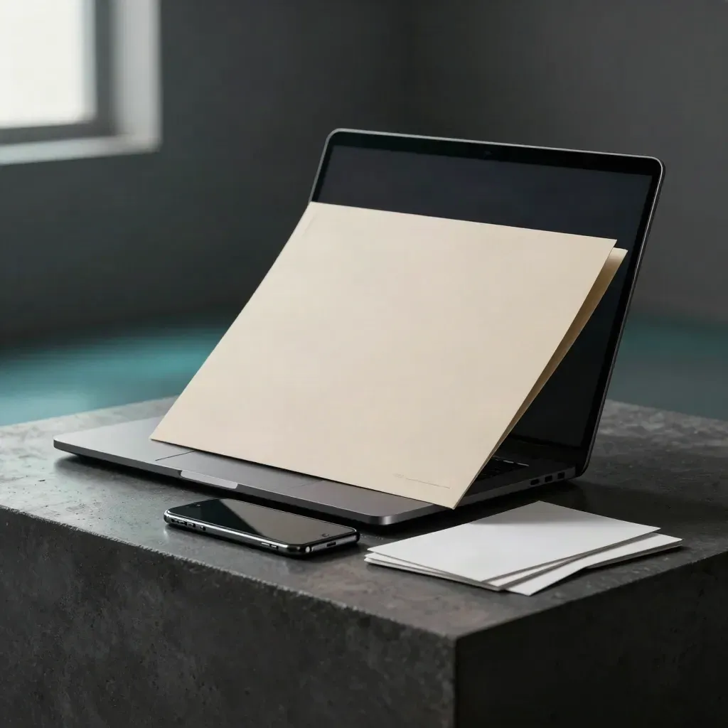 Unbranded sprint kit with laptop, folders, phone and cards on dark studio concrete.