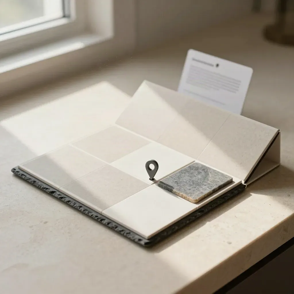Top-down compact local SEO kit with box, pins, map tiles, and stone sample on pale stone.