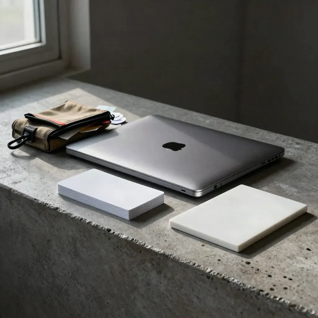 Closed laptop, alignment cards, tool pouch and ceramic tile on a cool concrete ledge.