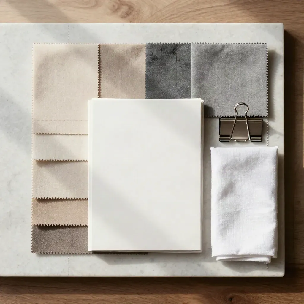 Overhead flatlay of neutral swatches, linen, stationery and a binder ring on pale stone.