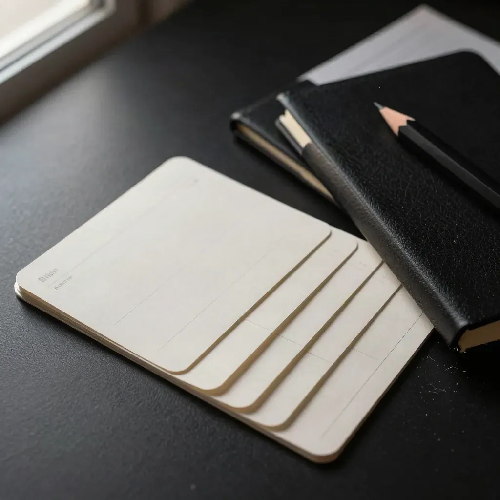 Macro of planning cards, notebook, pencil and sleeve spilling across a dark surface.