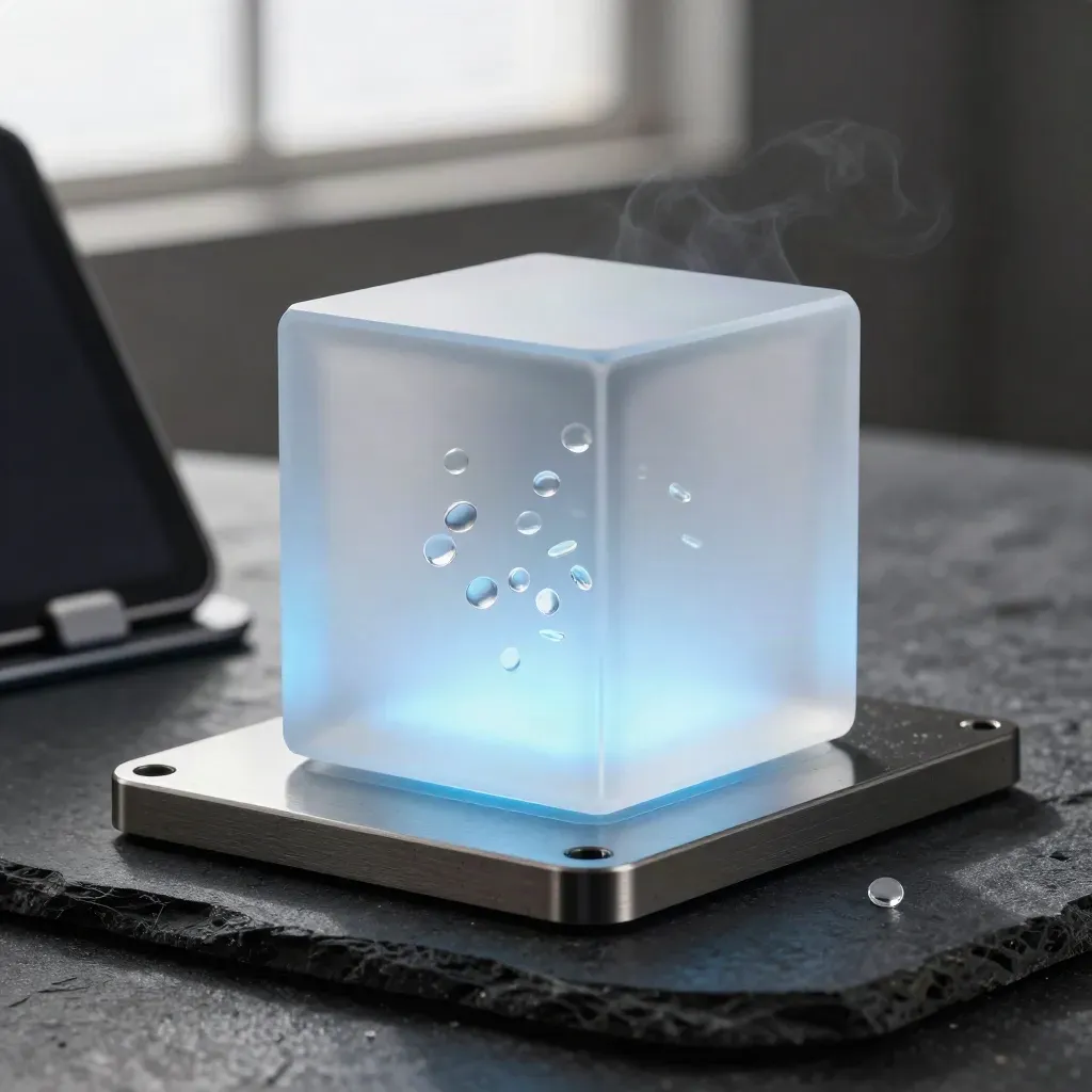 Glowing translucent dashboard cube with orbiting glass chips on a dark metal base.