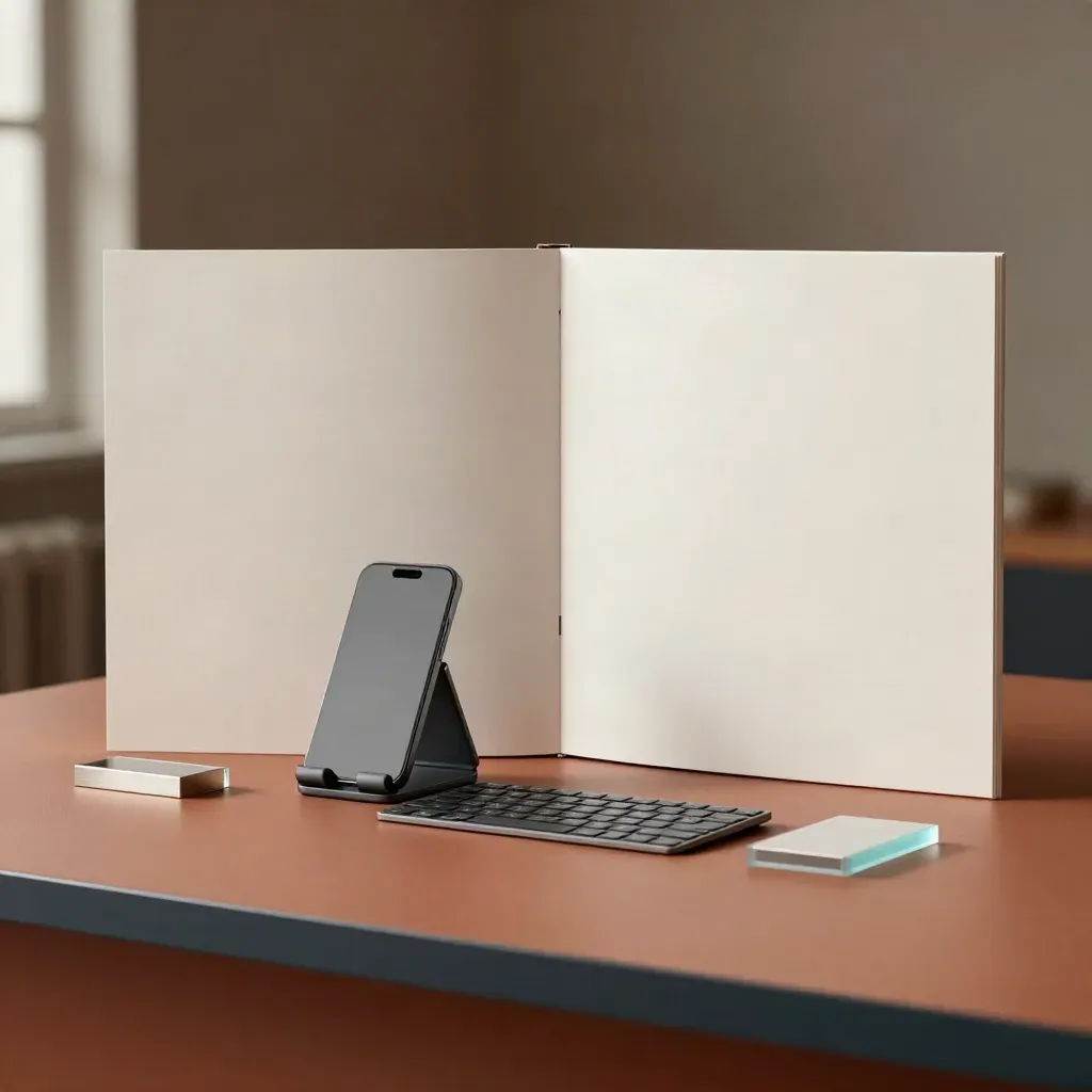 Open modular landing-page board with keyboard, stand, and alignment blocks on terracotta.