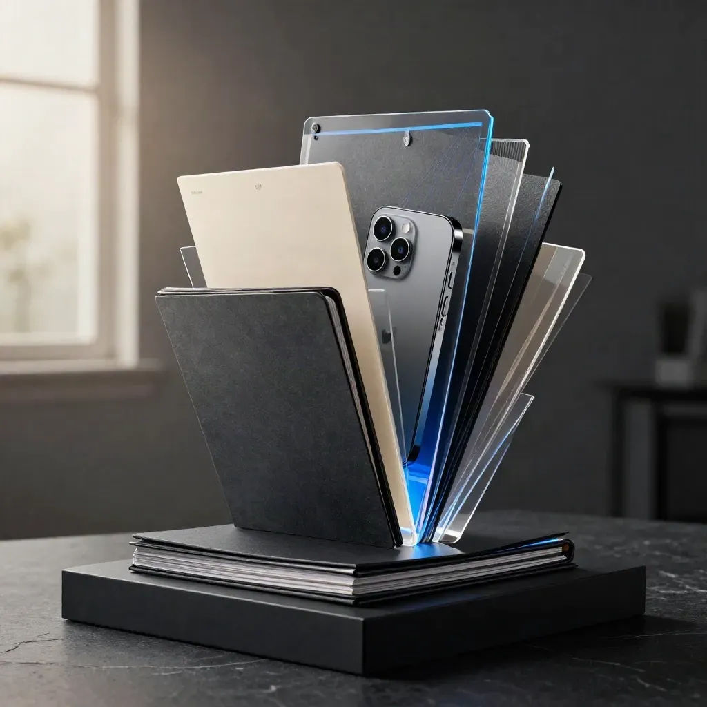 Towering marketing folders, phone and acrylic tiles erupt from a black plinth in electric blue light.
