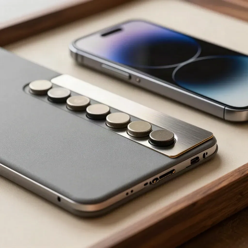 Macro of tablet shell, chips, phone and metal cards on walnut with blue glints.