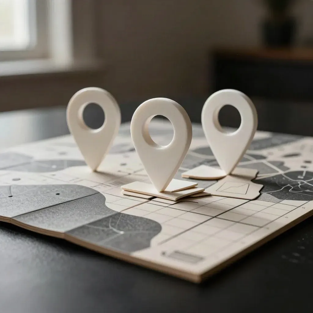 Abstract map tiles, white pins, and a folded grid board on a dark studio surface.