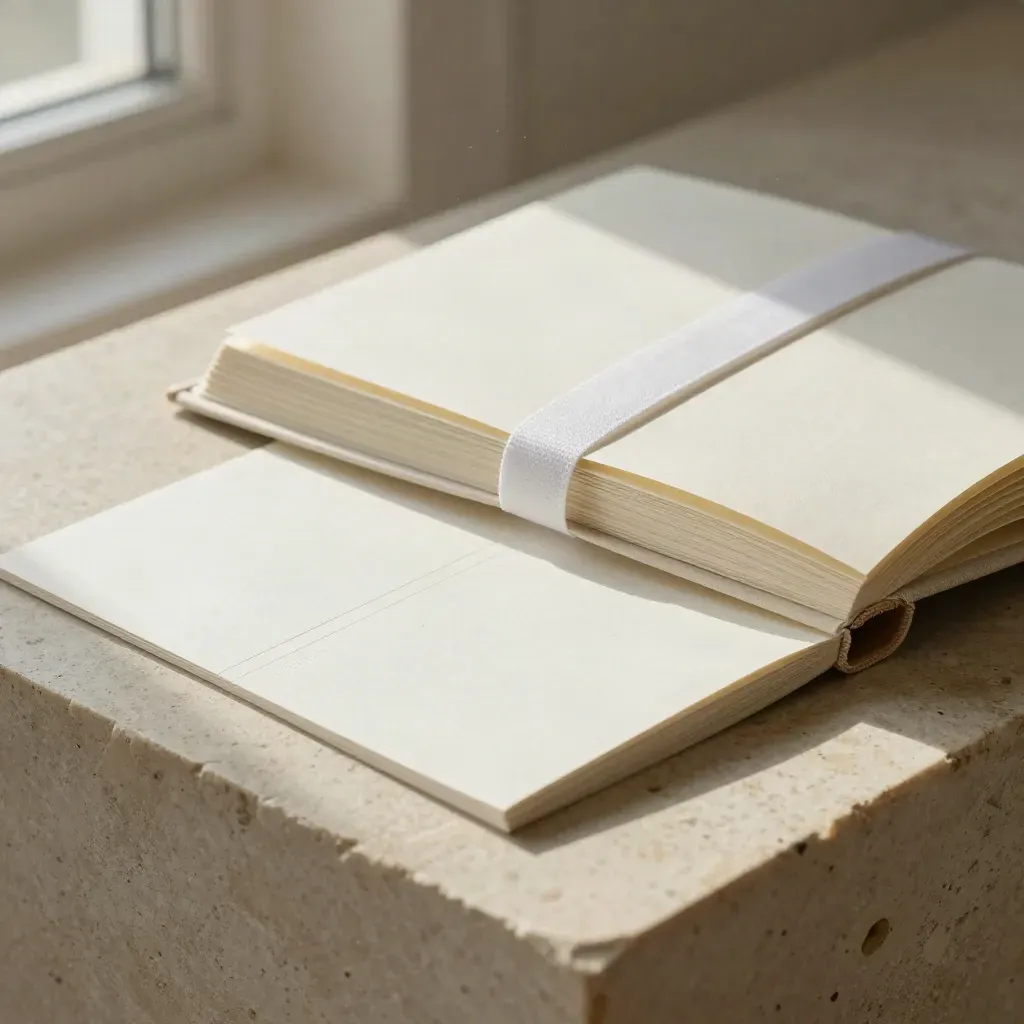 Open brand book with note cards, paper strips, and cloth band on limestone