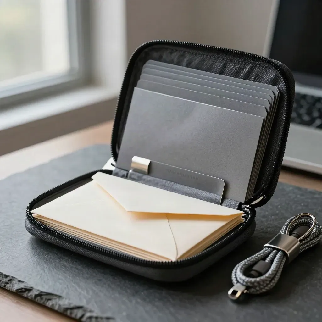 Open care kit with cards, cable wrap, and sealed envelopes on a slate surface.