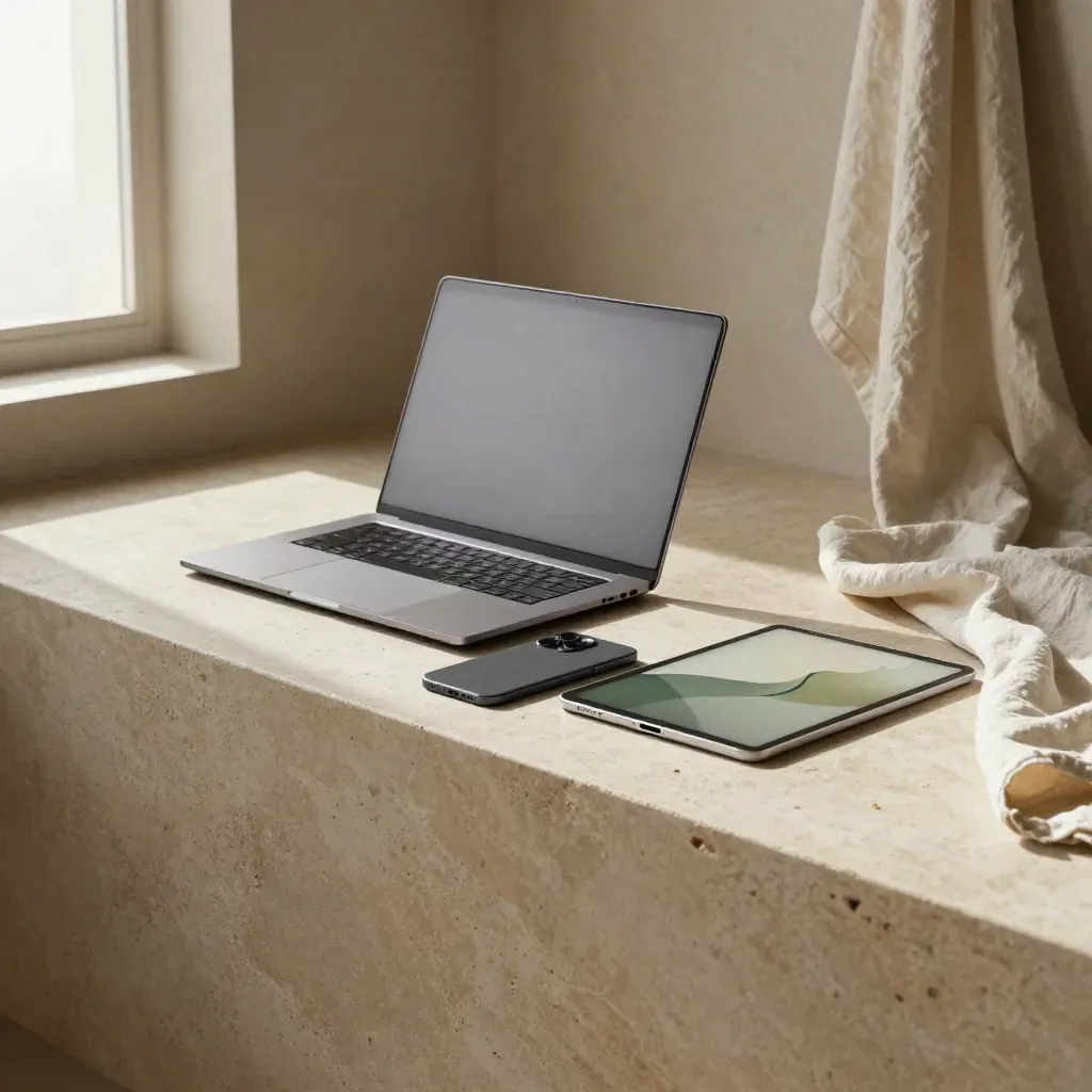 Sunlit limestone ledge with laptop, tablet and phone in a calm editorial interior nook.