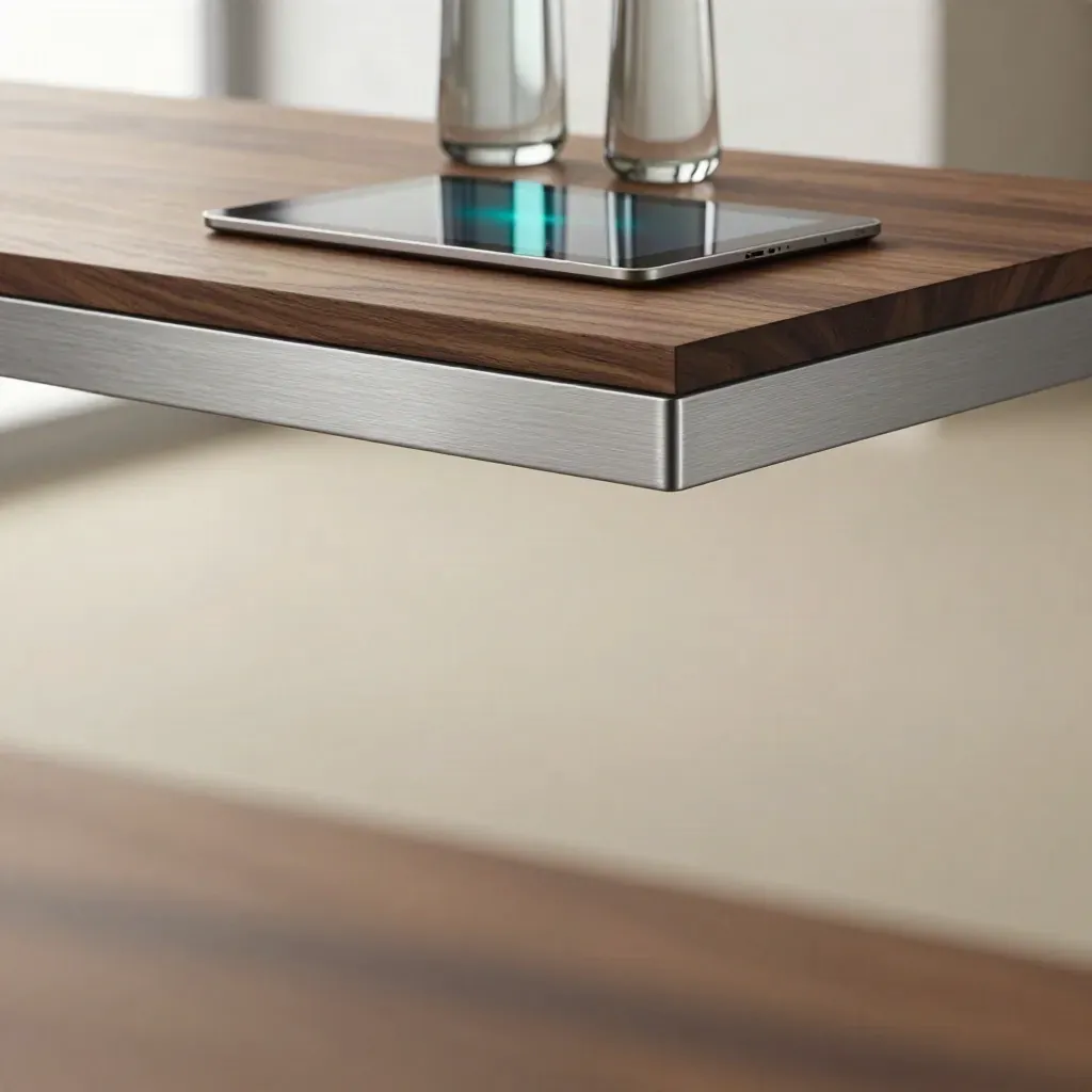 Brushed steel and walnut surface with blurred glass and cyan reflections in warm loft light.