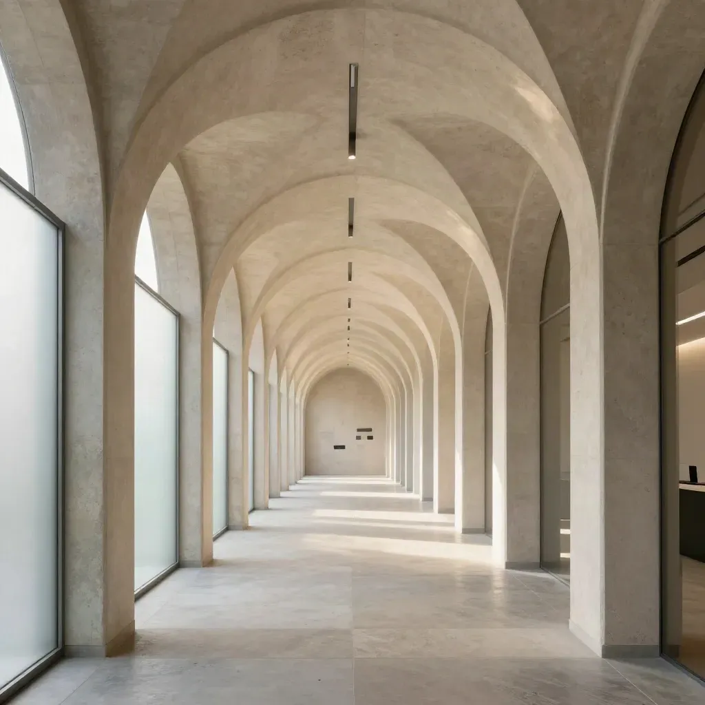 Sunlit pale concrete corridor with arches, slate accents and soft haze for copy space.