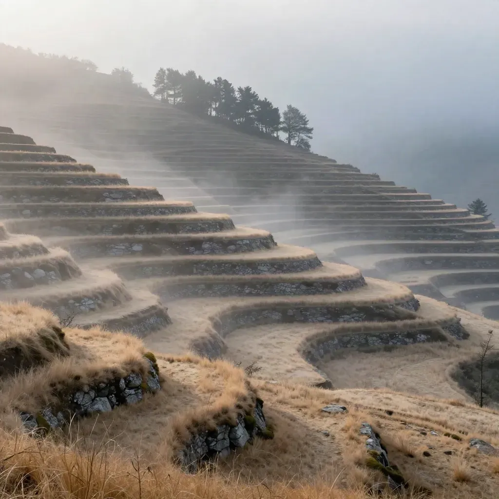 Misty terraced hillside with rock edges and trees emerging above calm fog.