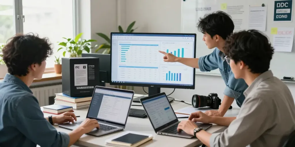 PPC management service collaboration in a vibrant digital marketing workspace with professionals discussing strategies.