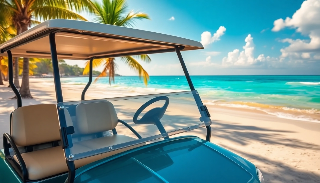 Experience the joy of San Pedro Belize Golf Cart Rental with a beautiful cart set against a turquoise beach.