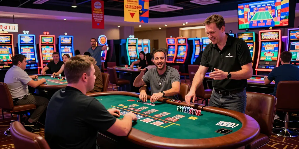 situs live casino vibrant gaming scene with players at blackjack table and colorful slot machines