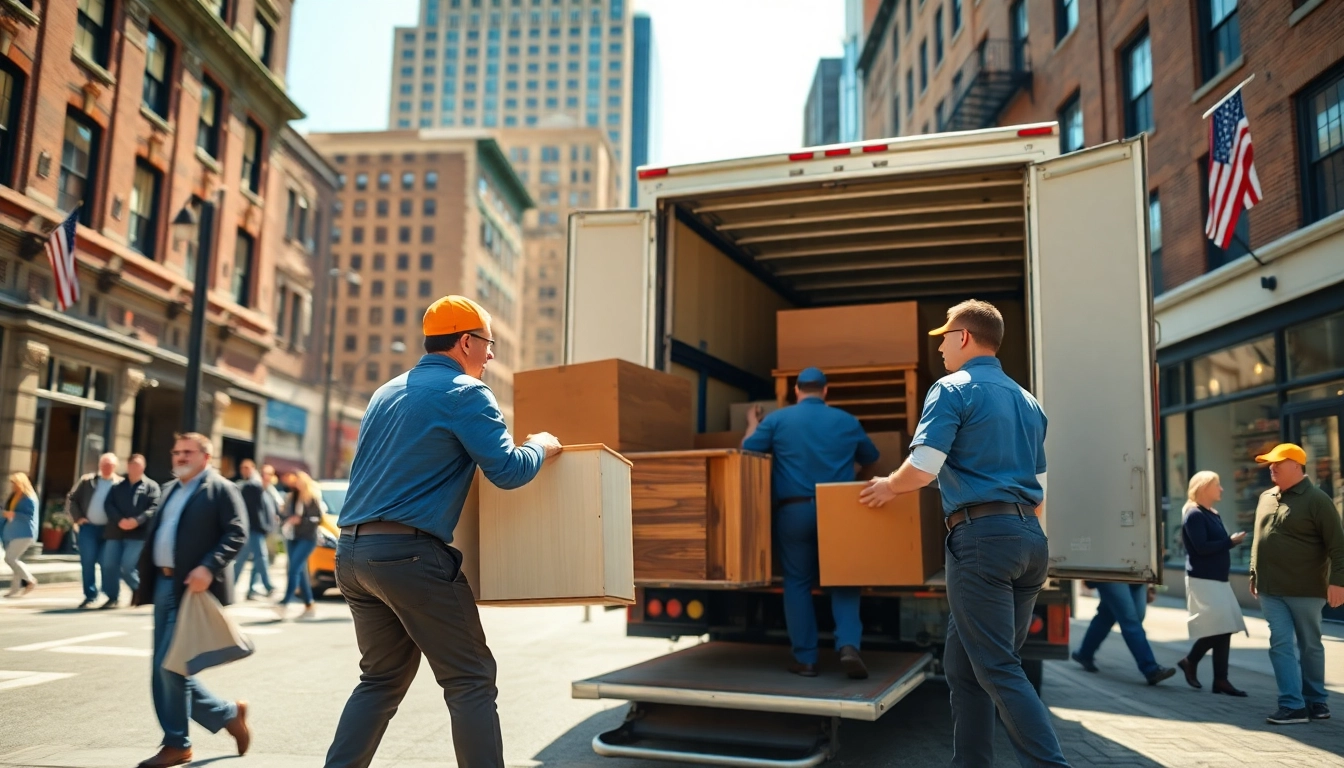 Movers in Boston efficiently packing belongings during a vibrant urban move.