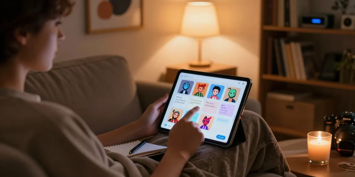 Engaging with AI chat nsfw on a tablet in a cozy setting, showcasing character avatars and creative prompts.